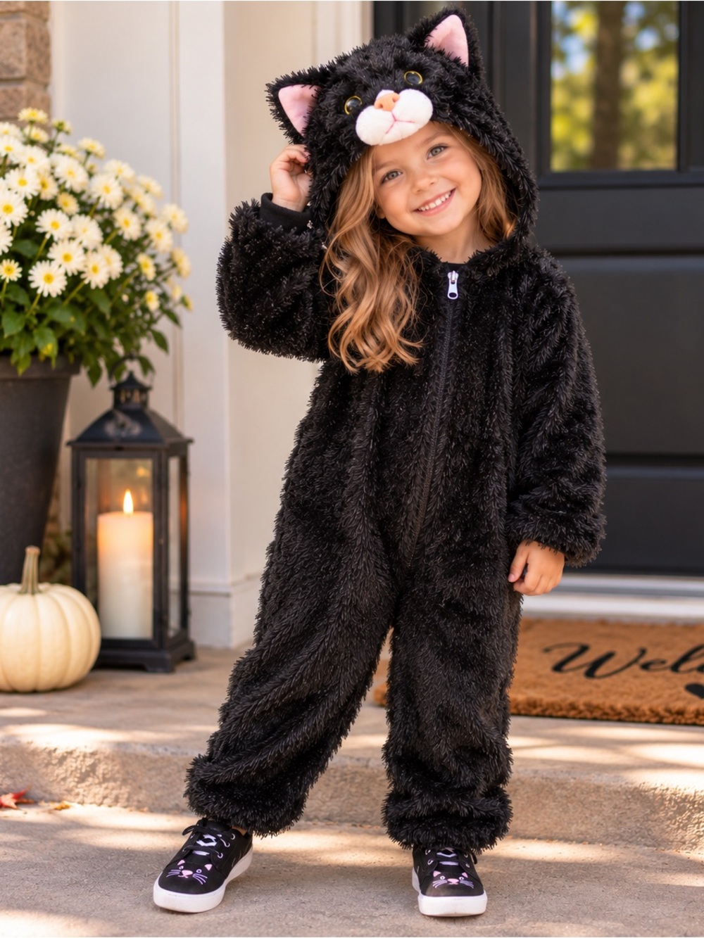 Black Furry Cat Halloween Costume Kids Size 3-4 Plush Hooded Jumpsuit 🐈‍⬛